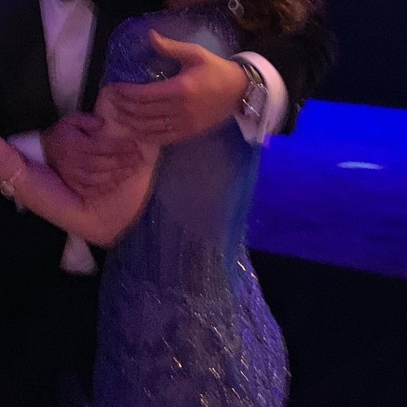 High neck short sleeve blue beaded feather gown Terani style number 1721GL4446 - Picture 6 of 13